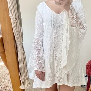 Boho Western White Lace Dress with  Bell Sleeves
